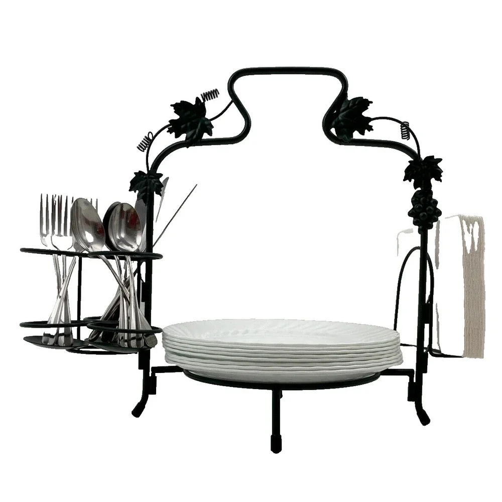 Buffet Plate or Pie Caddy with Utensils & Napkin Holder Green Grapevine Motif